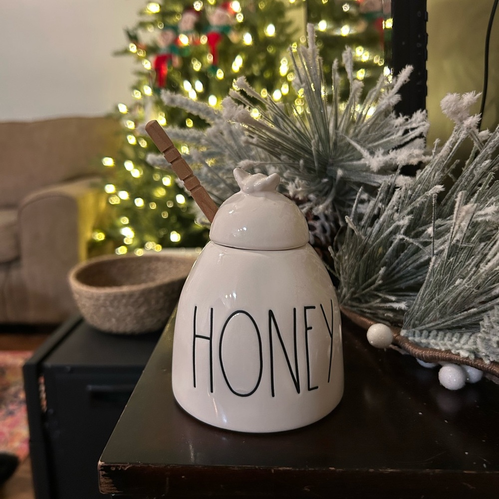 Rae Dunn White Honey Jar with Wooden Dipper